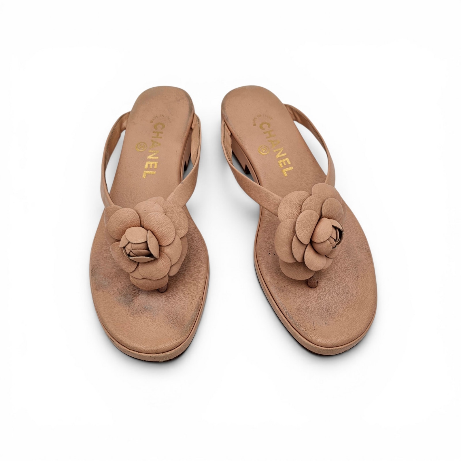 Chanel Camelia Thong Flip Flop Flat Vintage Beige Tan Leather Flower Size 8